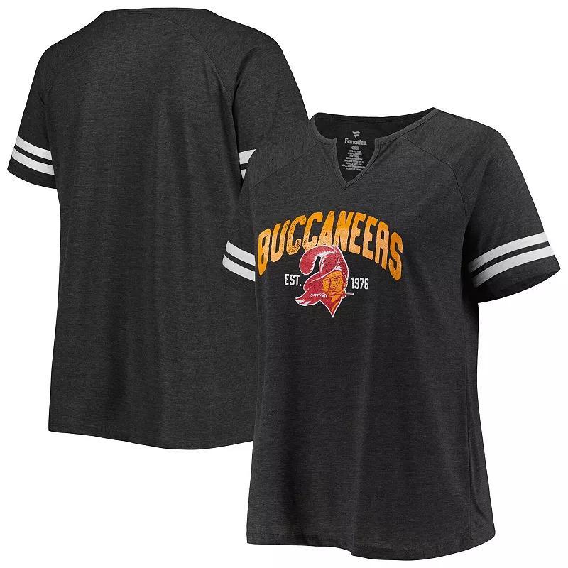 Womens Fanatics Heather Charcoal Tampa Bay Buccaneers Plus Size Throwback Notch Neck Raglan T-shirt Product Image