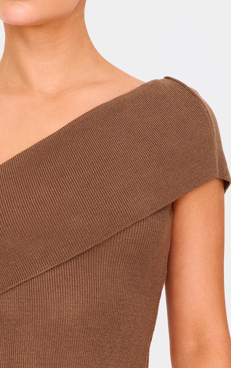 Deep Taupe Soft Rib Knit One Shoulder Fold Over Crop Top Product Image