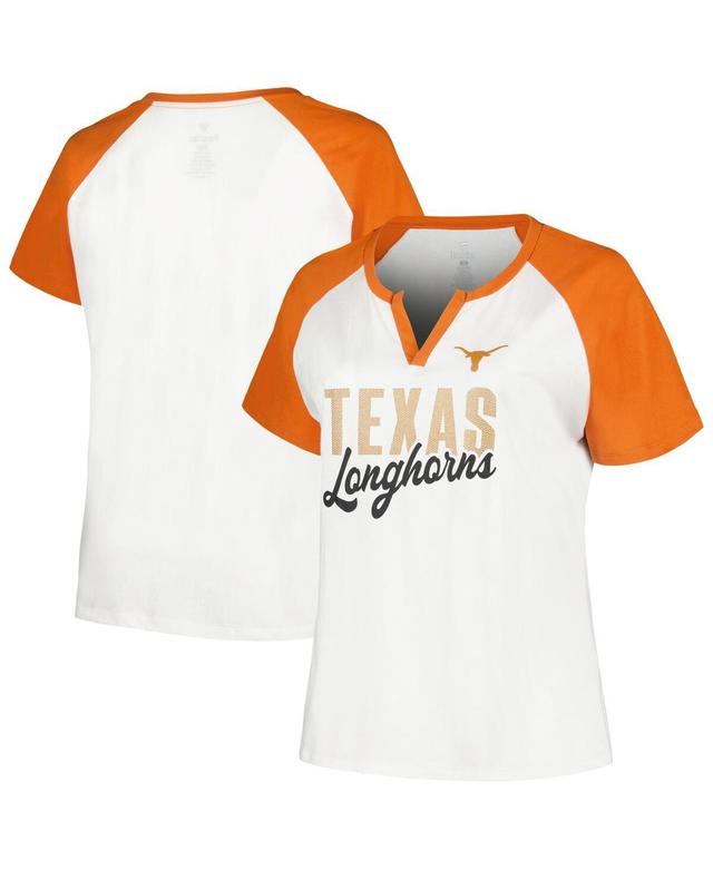 Profile Womens White/Texas Orange Texas Longhorns Plus Size Best Squad Shimmer Raglan Notch Neck T-Shirt - White Product Image