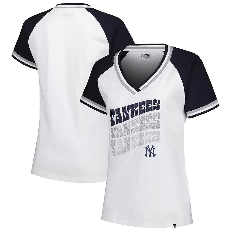 New Era Womens White New York Yankees Jersey Double Binding Raglan V-Neck T-Shirt Product Image