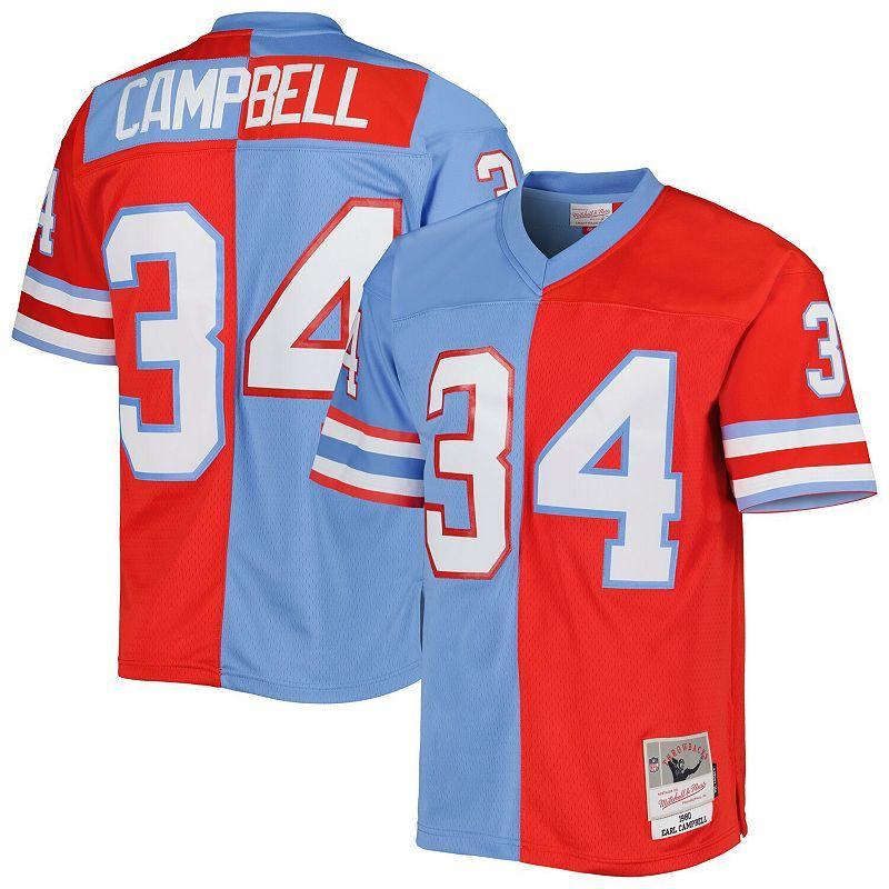 Mens Mitchell & Ness Earl Campbell Red/Light Blue Houston Oilers Gridiron Classics 1980 Split Legacy Replica Jersey Product Image