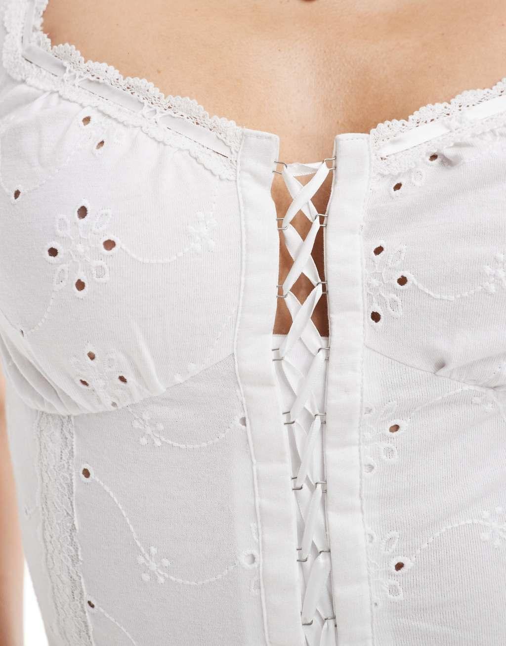 ASOS DESIGN cami strap corset bodice mini dress in white eyelet Product Image