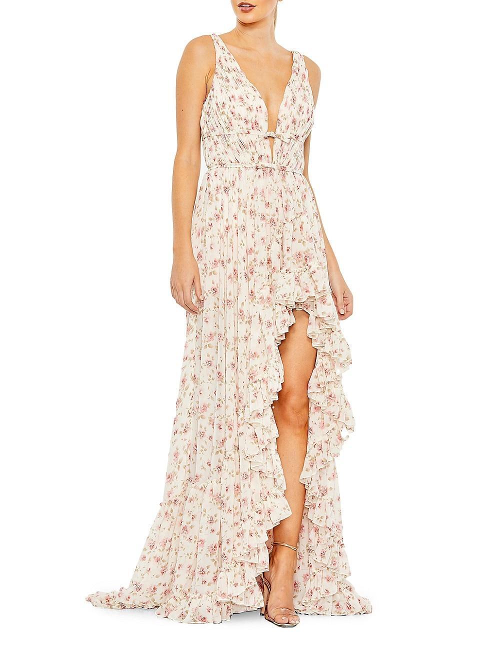 Womens Floral V-Neck Ruffled Gown Product Image