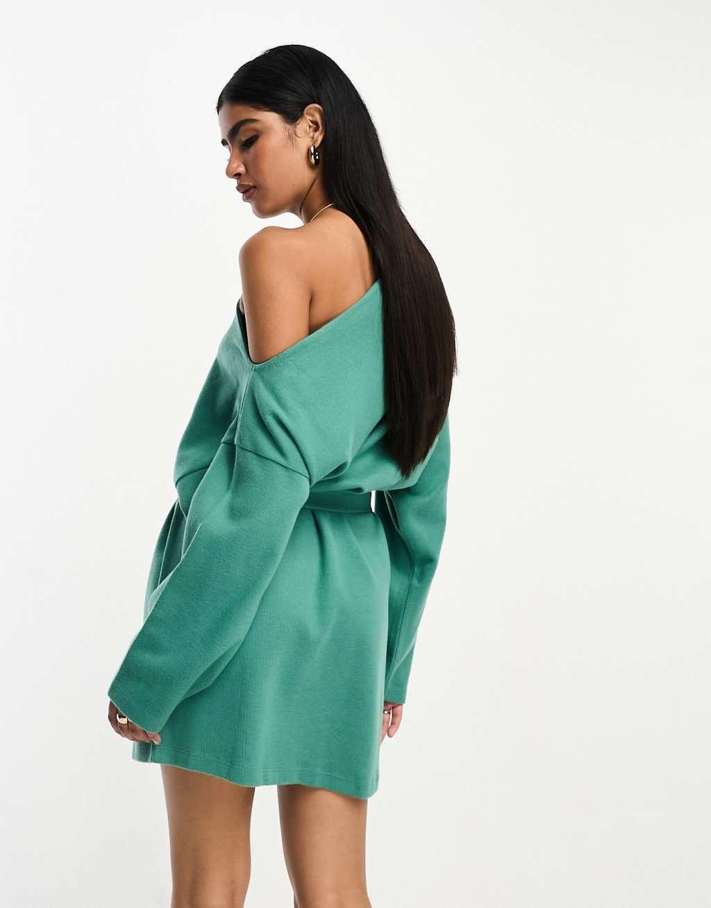 ASOS DESIGN super soft slouchy off shoulder mini dress with belt in sage Product Image