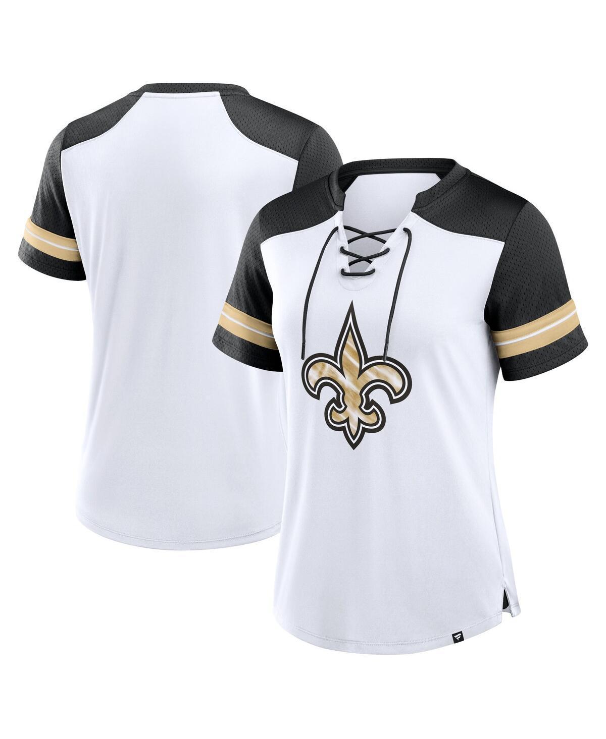 Fanatics Womens White New Orleans Saints Foiled Primary Lace-Up T-Shirt - White, Black Product Image