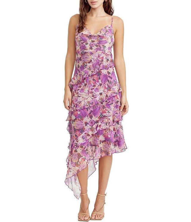 Adelyn Rae Chiffon Floral Print Cowl Neck Sleeveless Spaghetti Strap Ruffle Asymmetrical Hem Midi Dress Product Image