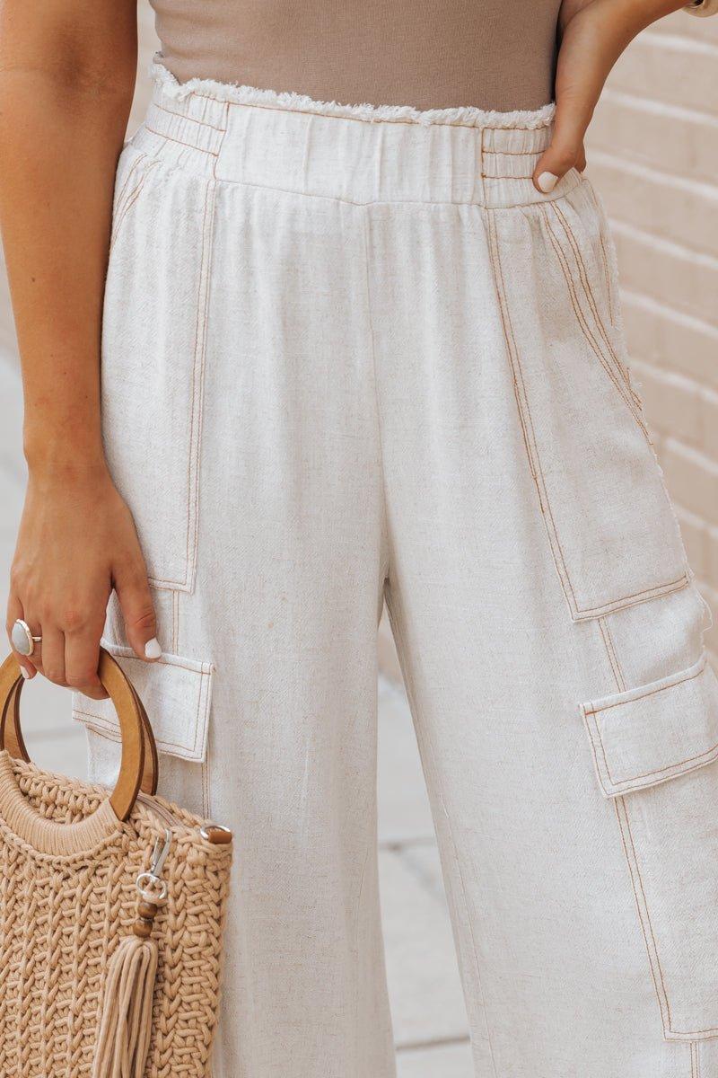 Oatmeal Cargo Linen Wide Leg Pants - FINAL SALE Product Image