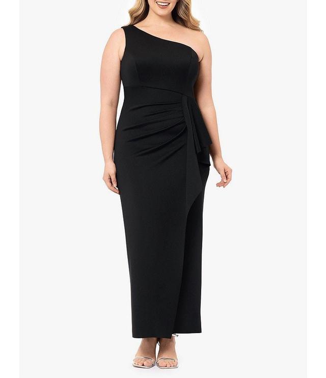 Xscape Plus Size Scuba One Shoulder Sleeveless Ruched Long Gown Product Image