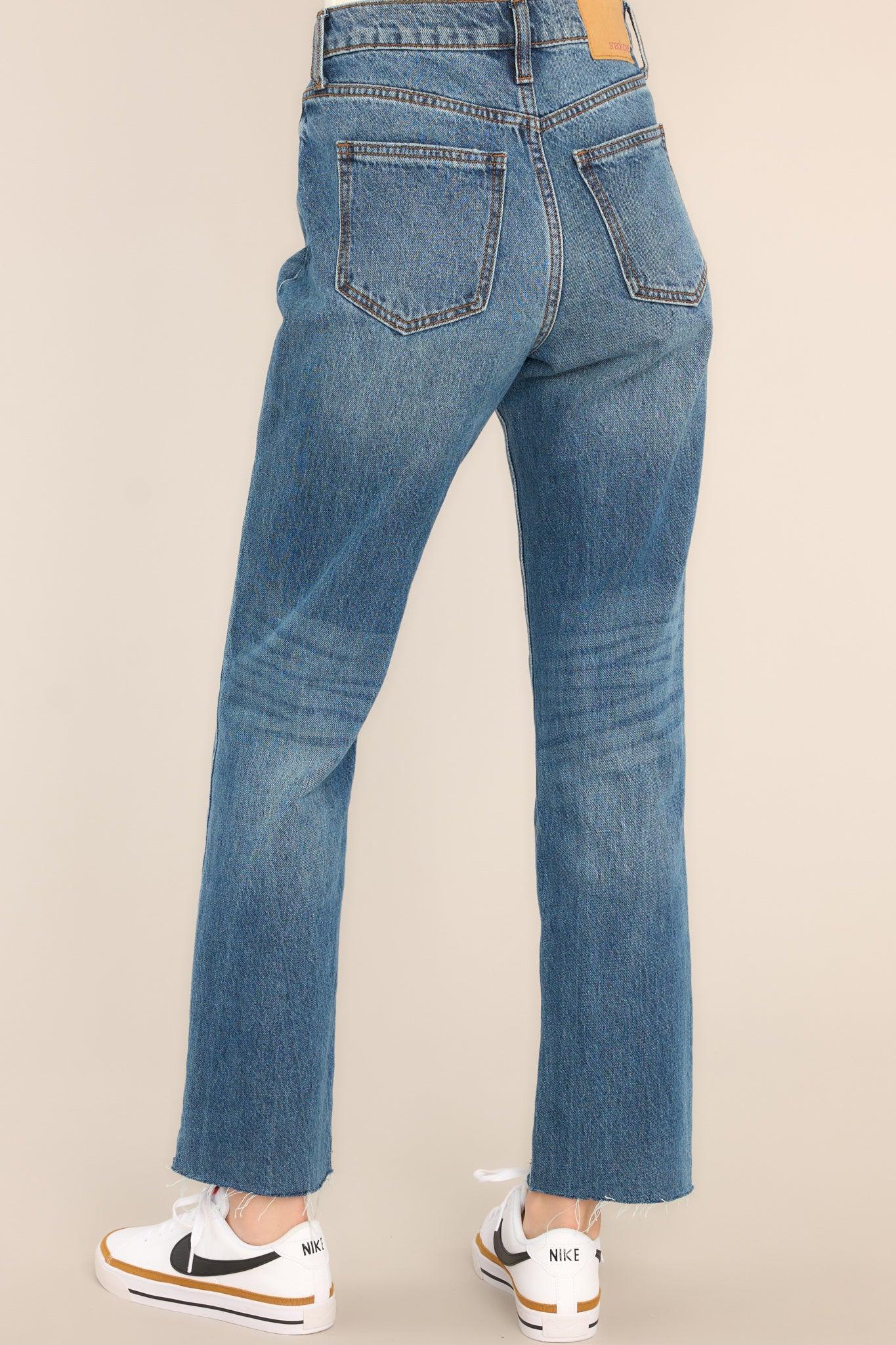 Medium Wash Raw Hem Straight Leg Jeans Blue Product Image