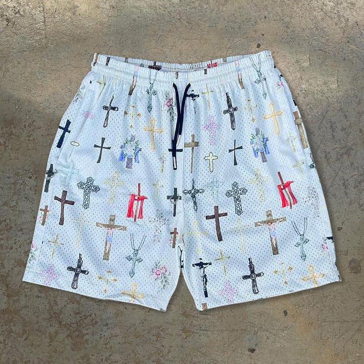 Street Sports Fashion Saint Pray Cross Graphic Drawstring Mesh Basketball Shorts Product Image