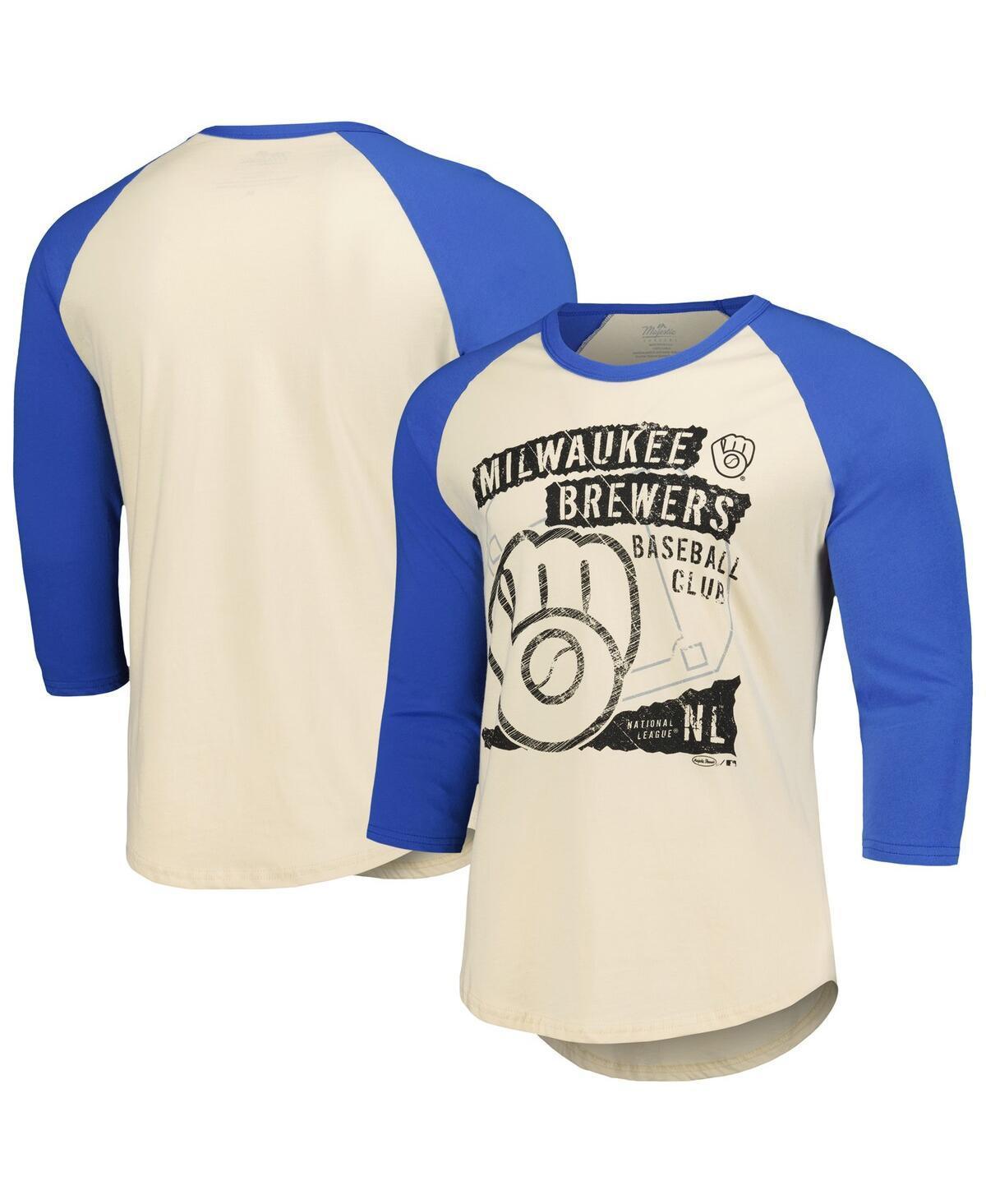 Majestic Mens Cream Milwaukee Brewers Raglan 3/4-Sleeve T-Shirt - Cream, Royal Product Image