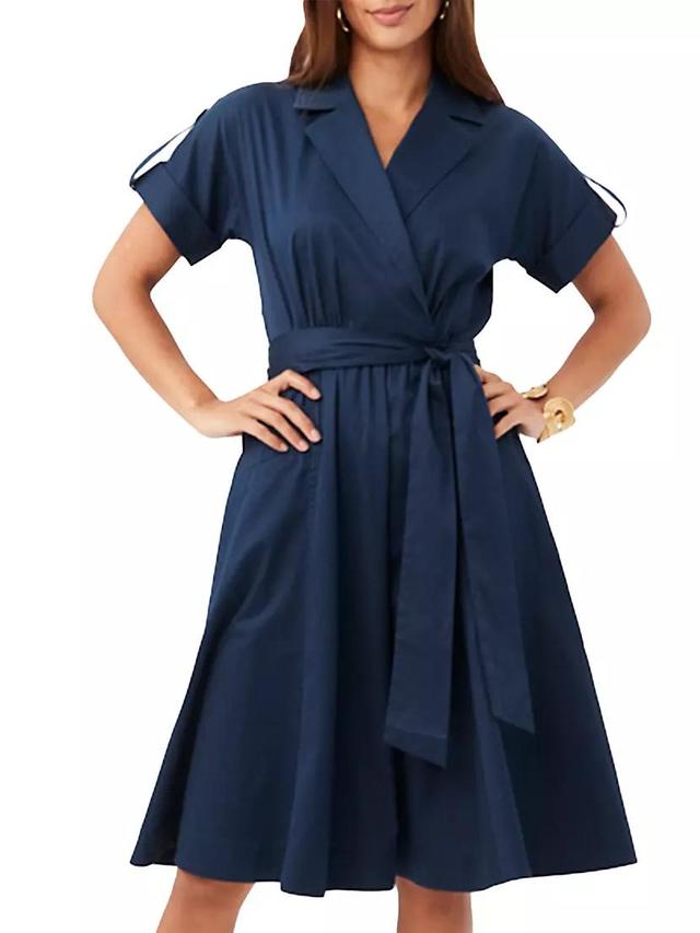 Trina Turk Commodore Organic Cotton Notch Lapel Collar Short Roll-Tab Sleeve Belted Wrap Dress Product Image