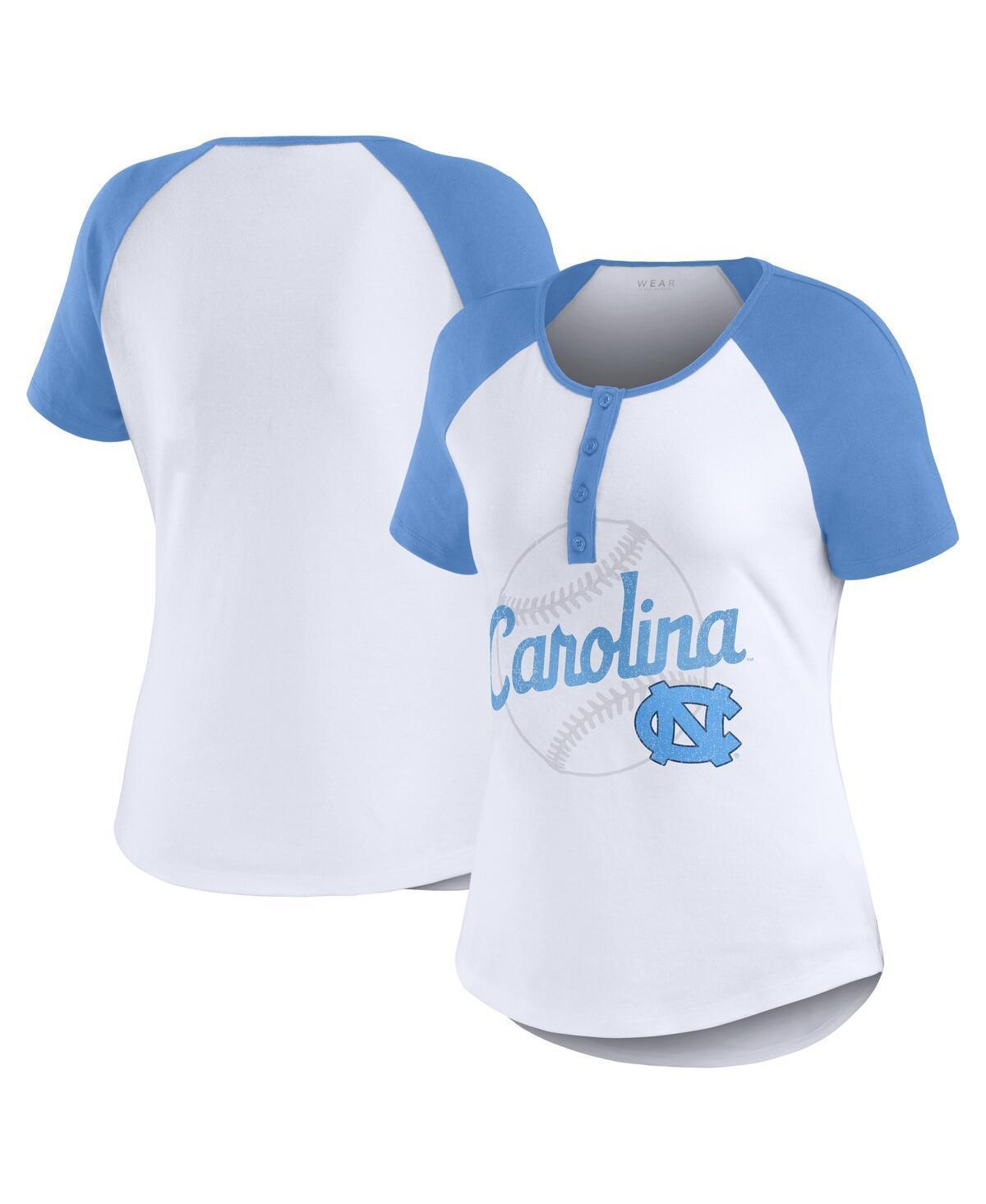 Womens Wear by Erin Andrews White Distressed North Carolina Tar Heels Baseball Logo Raglan Henley T-shirt Product Image