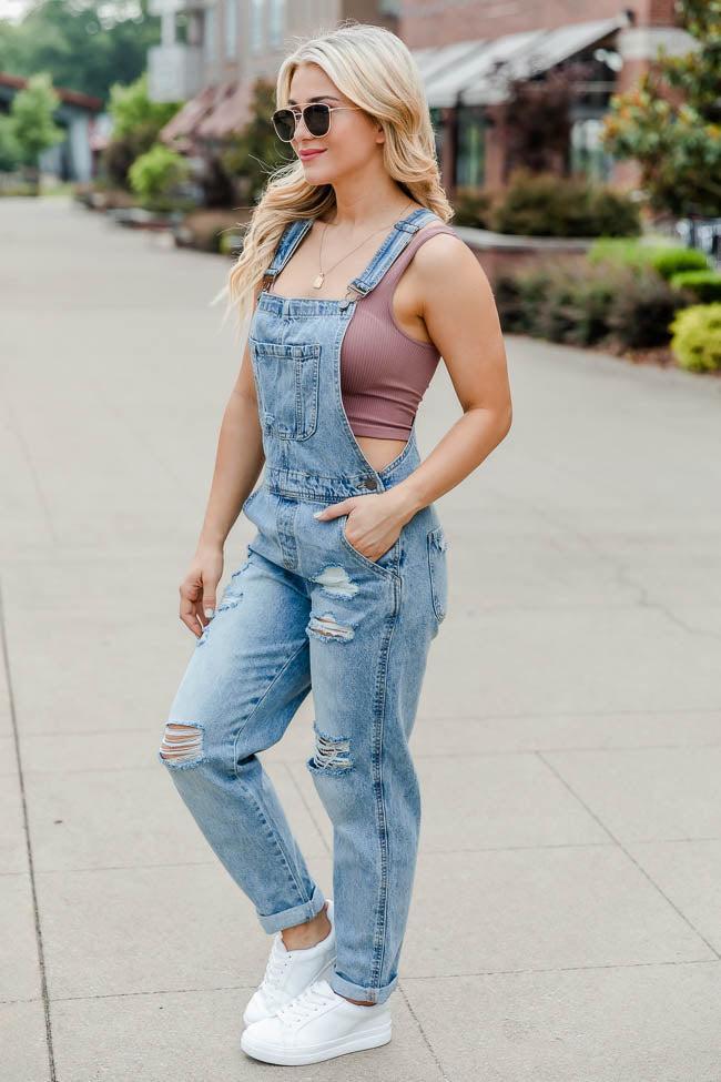 Don't Go Yet Distressed Boyfriend Denim Overalls FINAL SALE Product Image