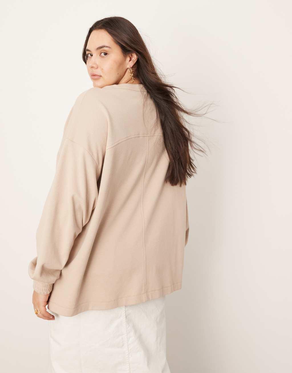 ASOS EDITION Curve premium longline top in textured jersey in mocha Product Image