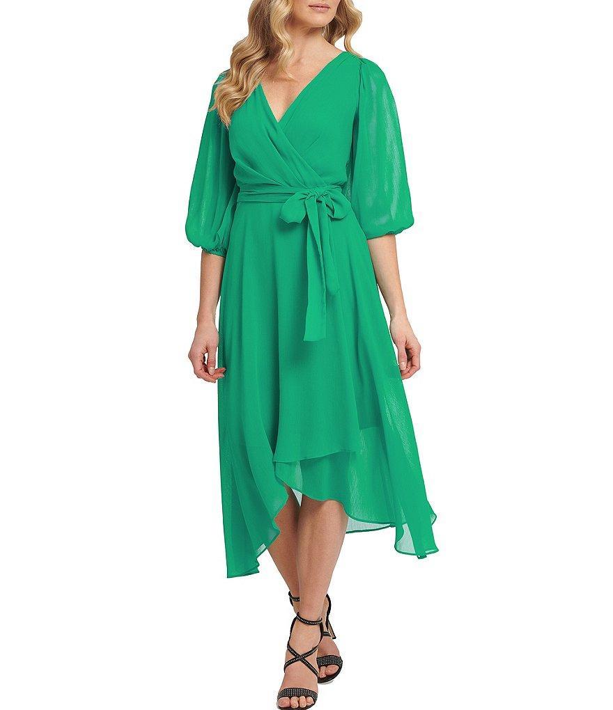 DKNY Petite Size 3/4 Balloon Sleeve V-Neck Chiffon Faux Wrap Midi Dress Product Image