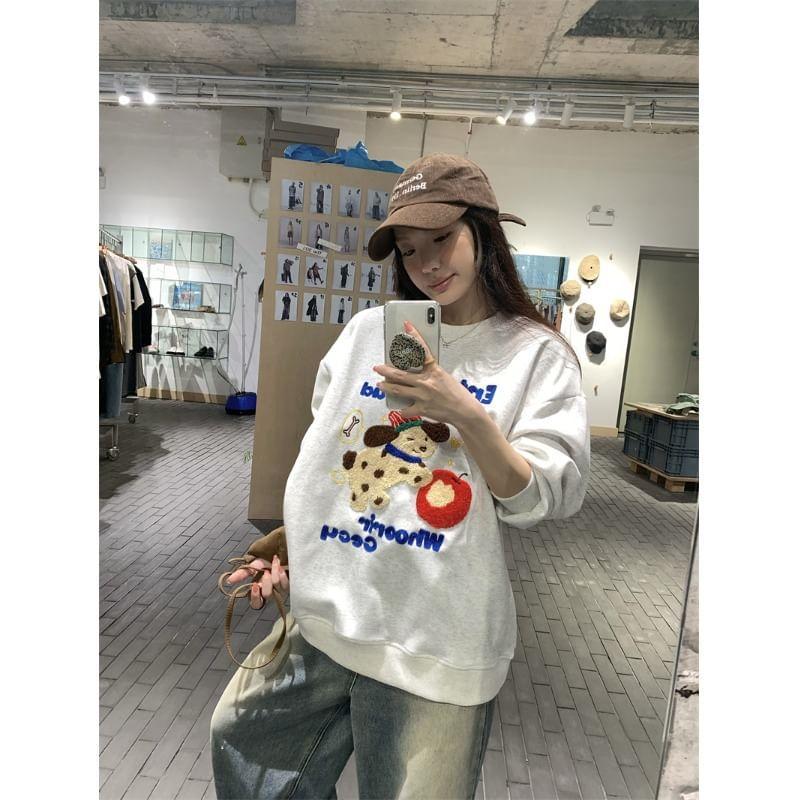 Crew Neck Cartoon Patterned Lettering Embroidered Pullover Product Image