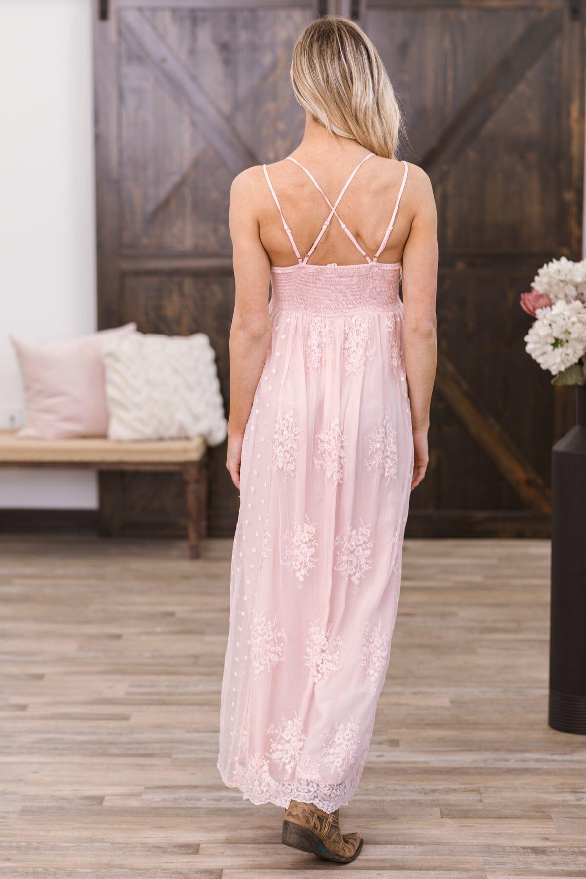 Dusty Rose Crochet Lace Bodice Maxi Dress Product Image