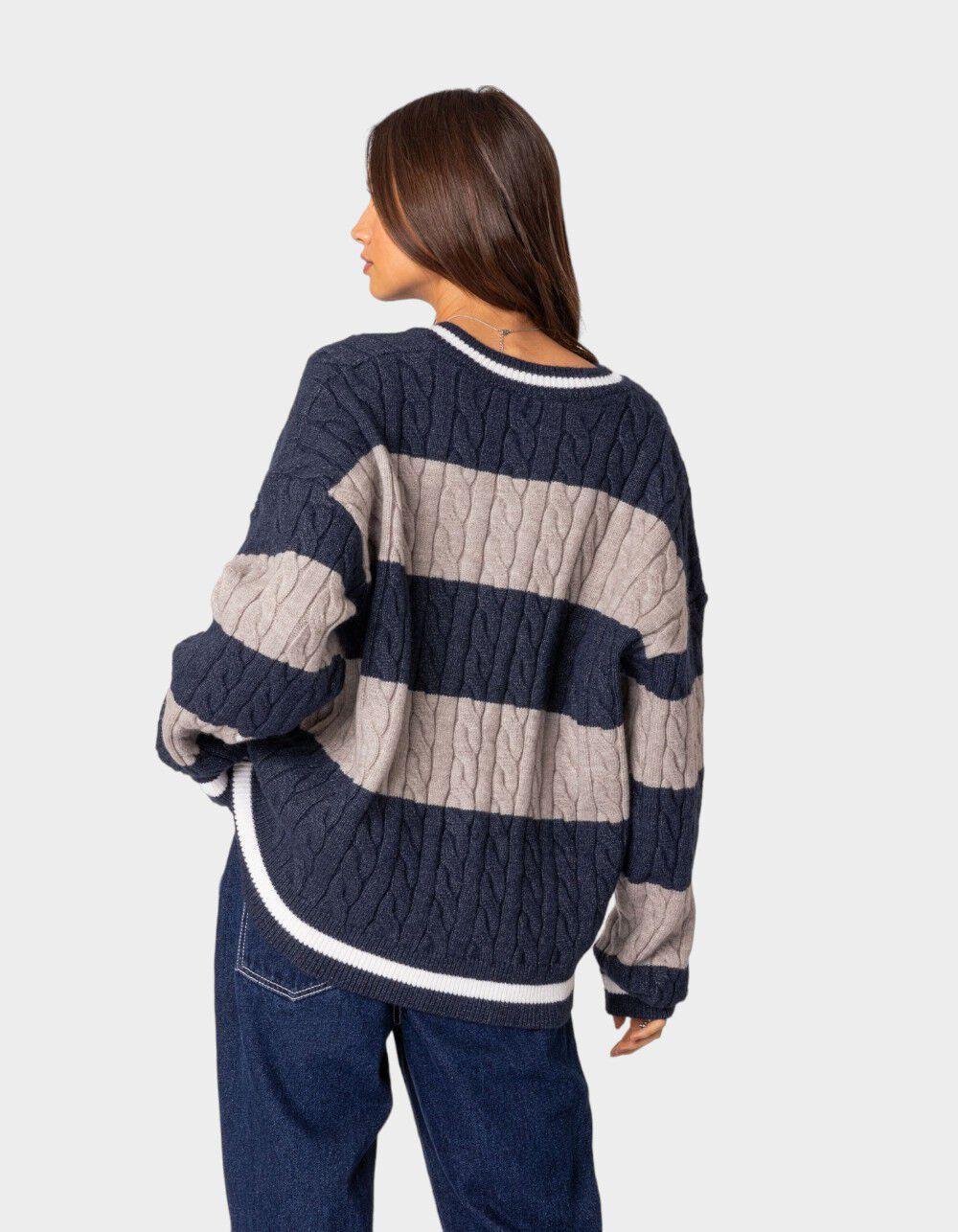 EDIKTED Romie V-Neck Cable Knit Striped Sweater Product Image