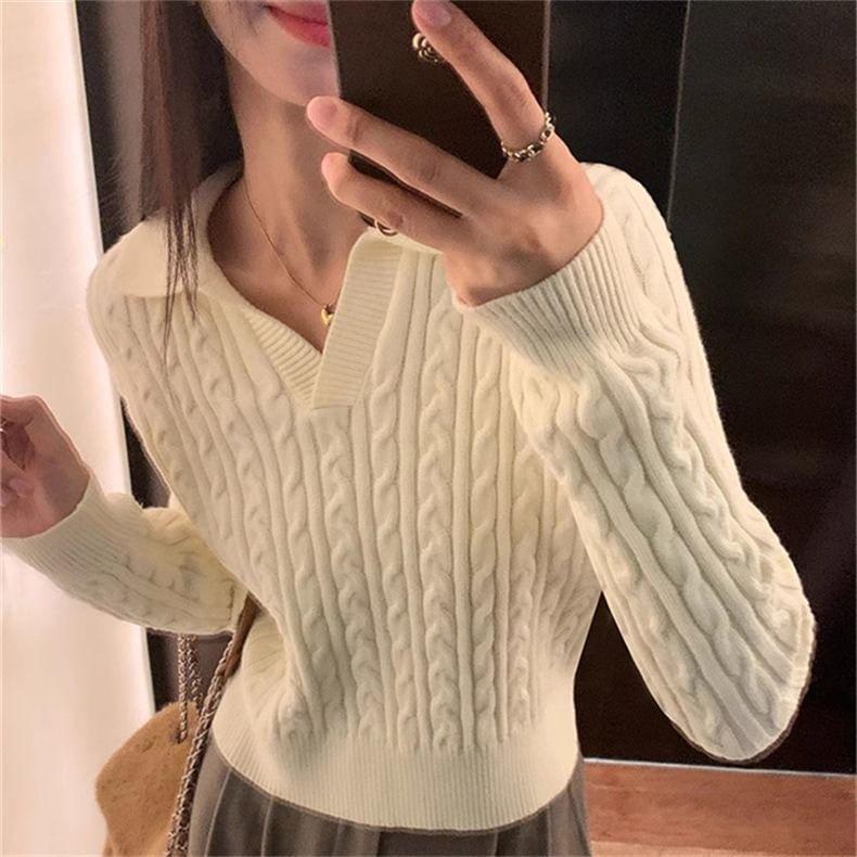 Long-Sleeve Collar V-Neck Plain Cable Knit Top Product Image