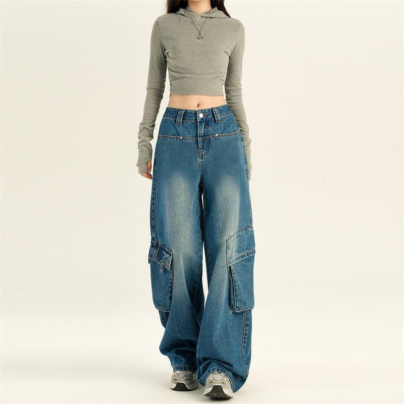 Mid Rise Washed Wide Leg Cargo Jeans Product Image