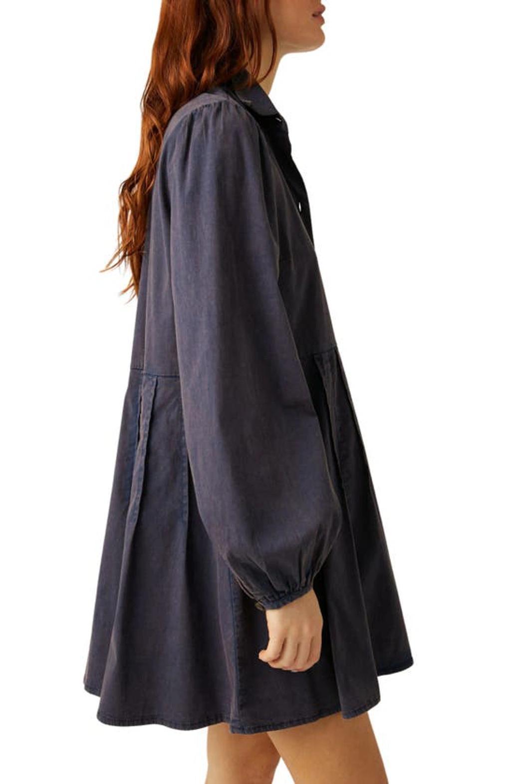 Marvelous Mia Long Sleeve Stretch Cotton Mini Shirtdress In Dried Indigo Product Image