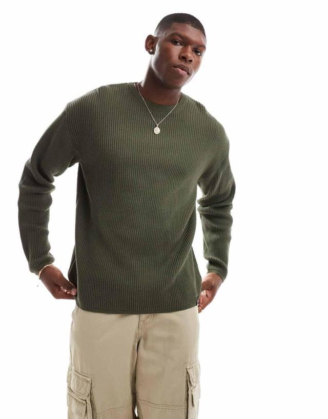 Pull&Bear ribbed knit sweater in khaki Product Image