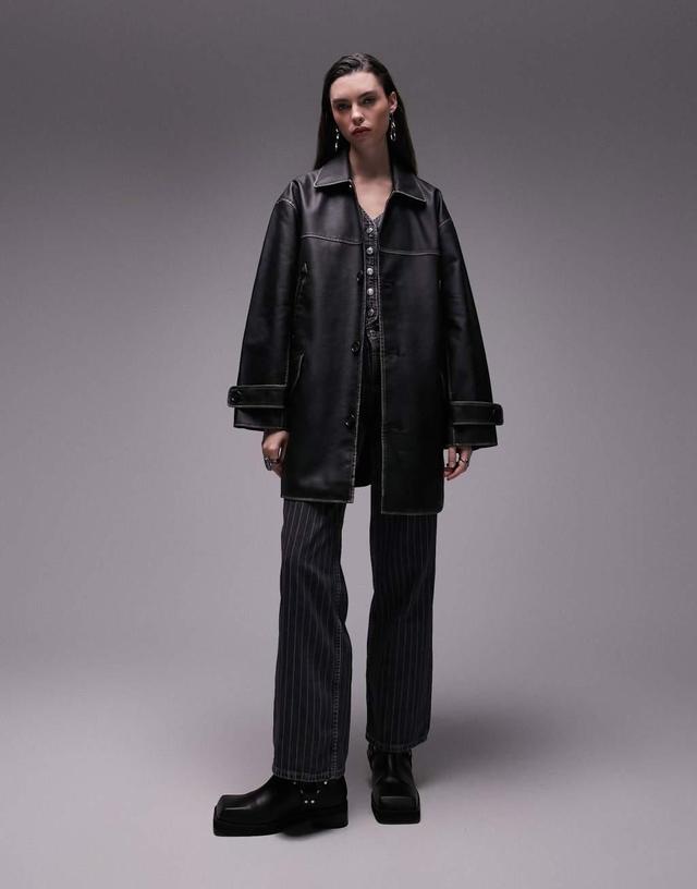 Topshop faux leather mid length coat in washed black Product Image