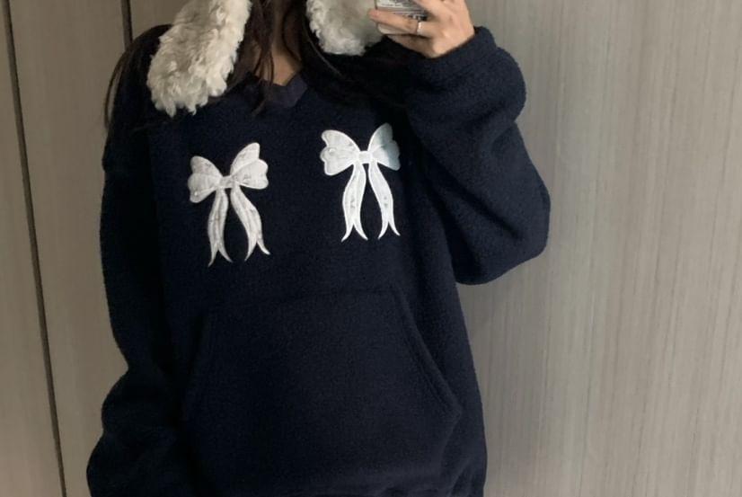 V-Neck Bow Embroidered Faux Shearling Pullover Product Image