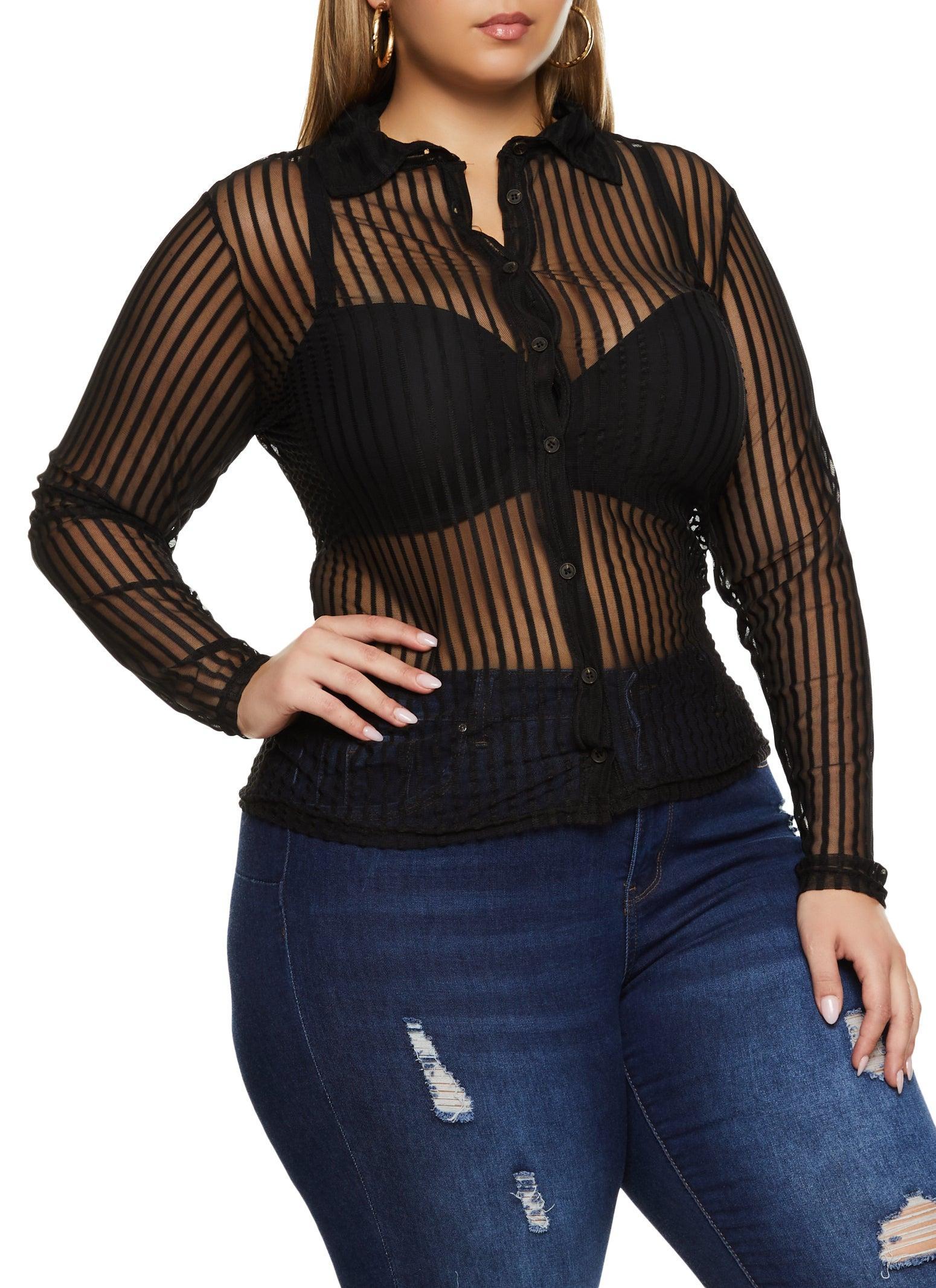 Womens Plus Size Mesh Shadow Striped Shirt Product Image