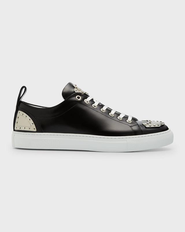 Moschino Men's Leather Low-Top Sneakers w/ Metal Plaqu&eacute;s  - BLACK MULTI - Size: 45 EU (12D US) Product Image