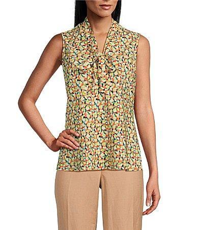 Kasper Printed CDC Tie Neck Sleeveless Fitted Blouse Product Image