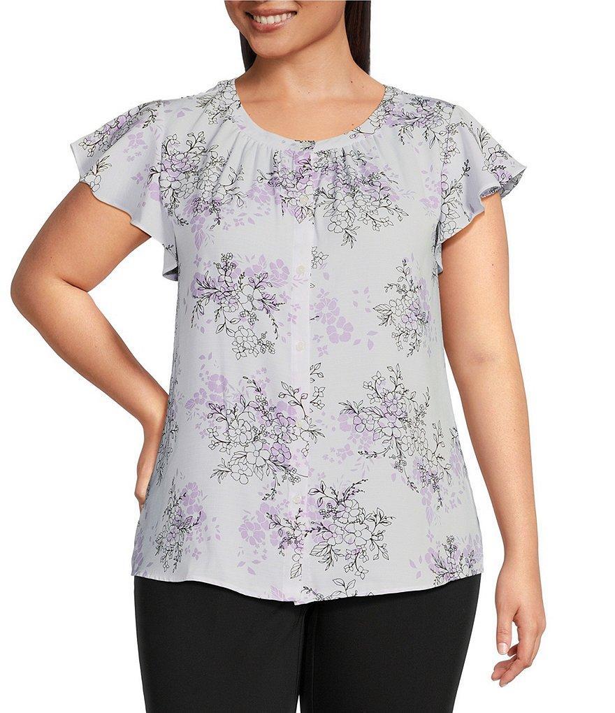 Investments Plus Size Floral Stencil Print Woven Button Front Flutter Cap Sleeve Top Product Image