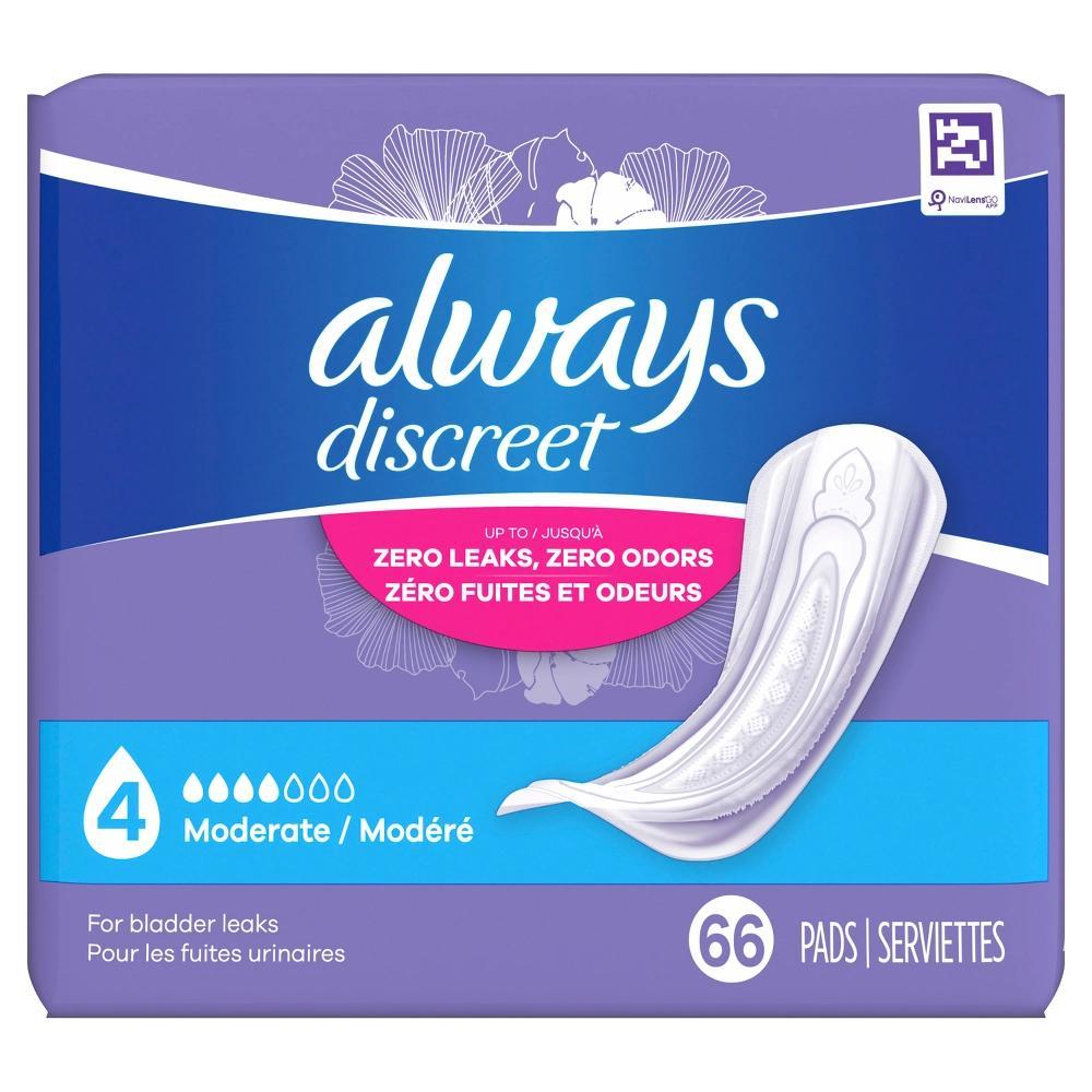 Always Discreet Incontinence & Postpartum Incontinence Pads for Women - Moderate Absorbency - Size 4 - 66ct Product Image