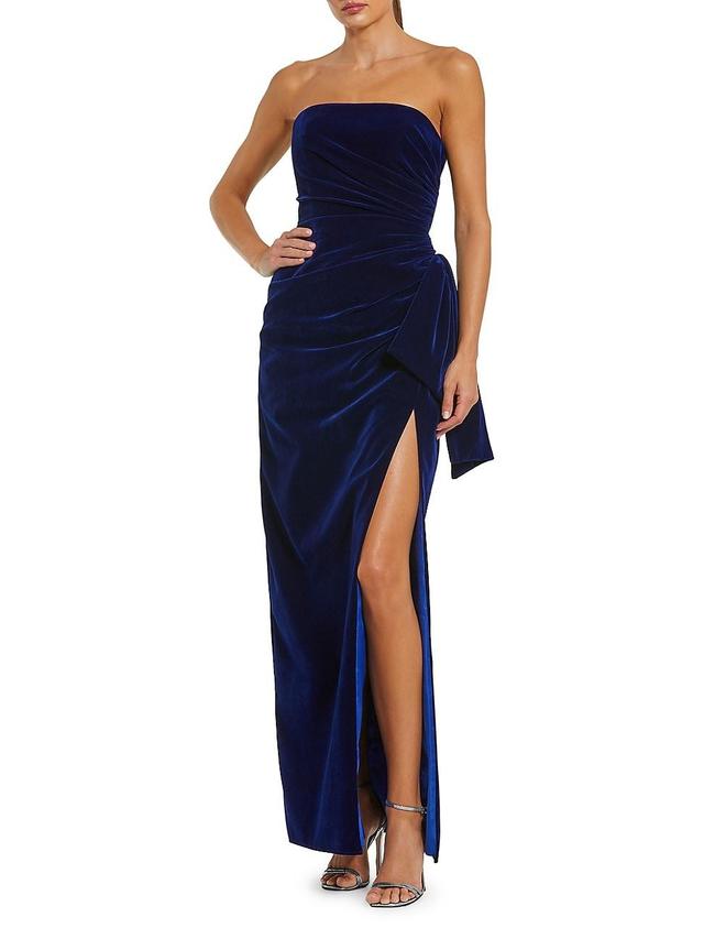 Womens Draped Velvet Strapless Bow Hip Gown Product Image