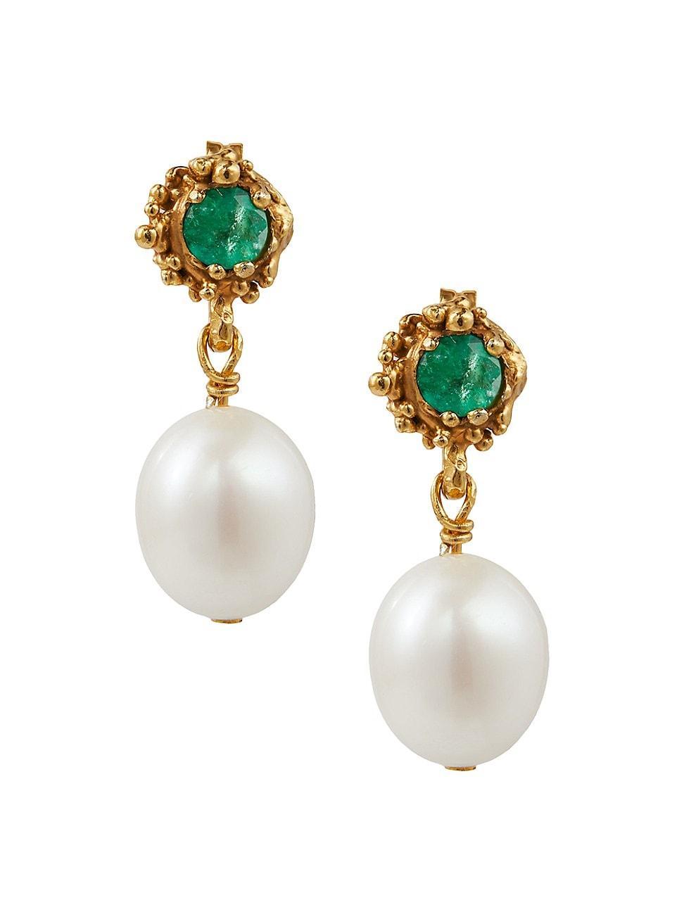 Womens 24K Gold-Plated, Faceted Emerald, Freshwater Pearl Drop Earrings Product Image