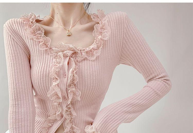 Scoop Neck Plain Lace Trim Button-Up Crop Cardigan Product Image