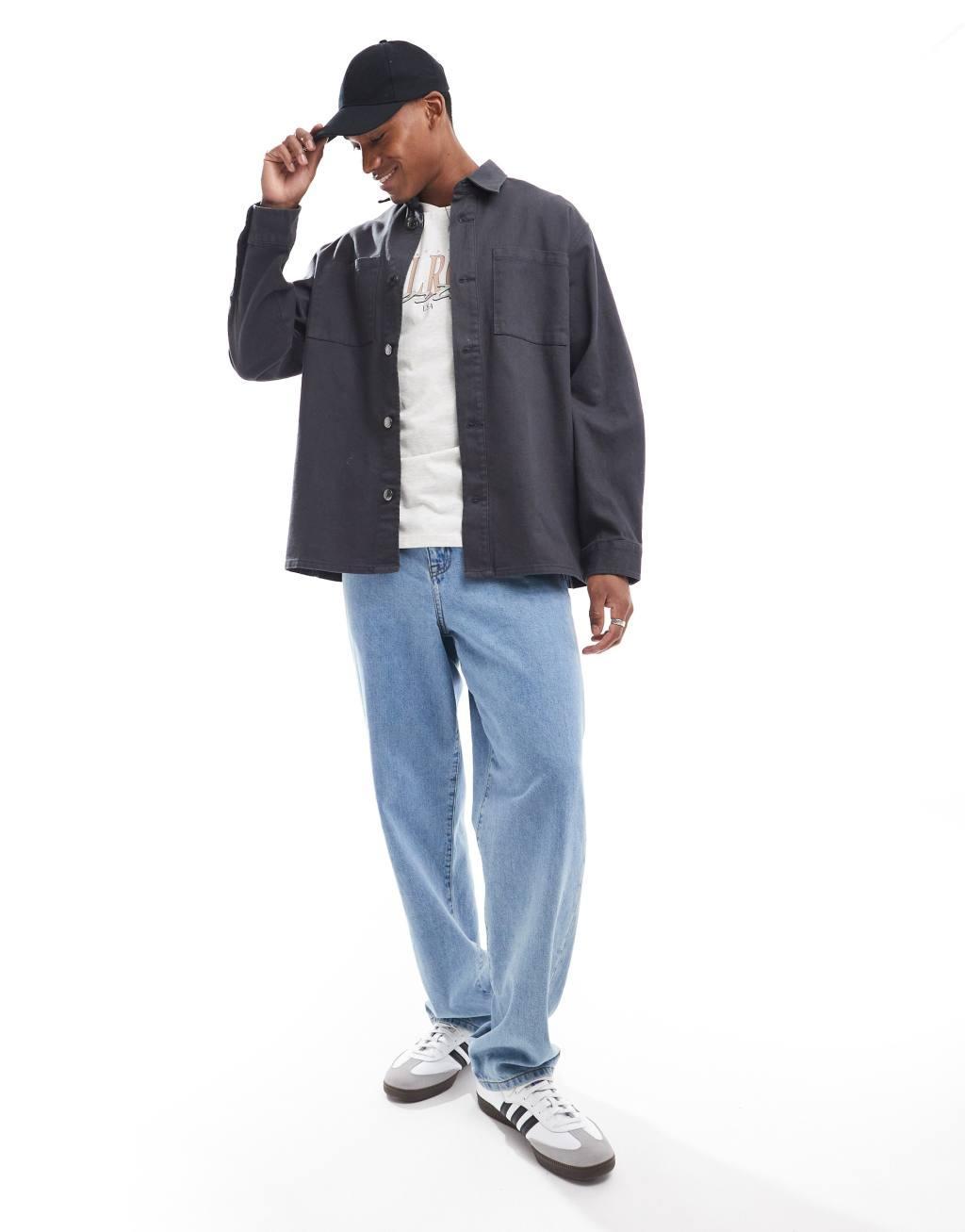 ADPT oversized twill overshirt in dark gray  Product Image