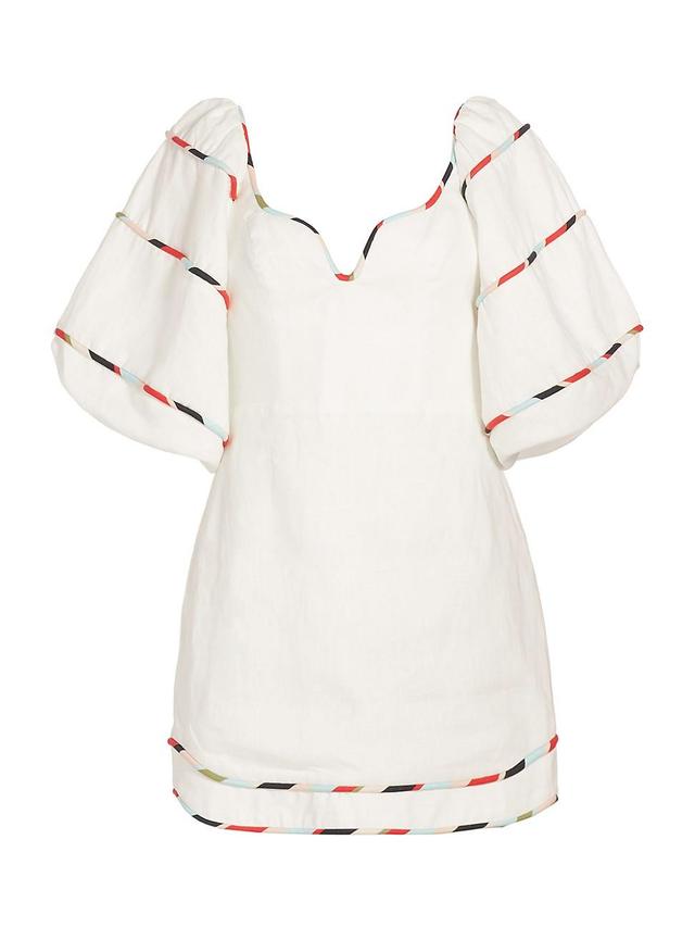 FARM Rio Stripe Trim Puff Sleeve Linen Minidress Product Image