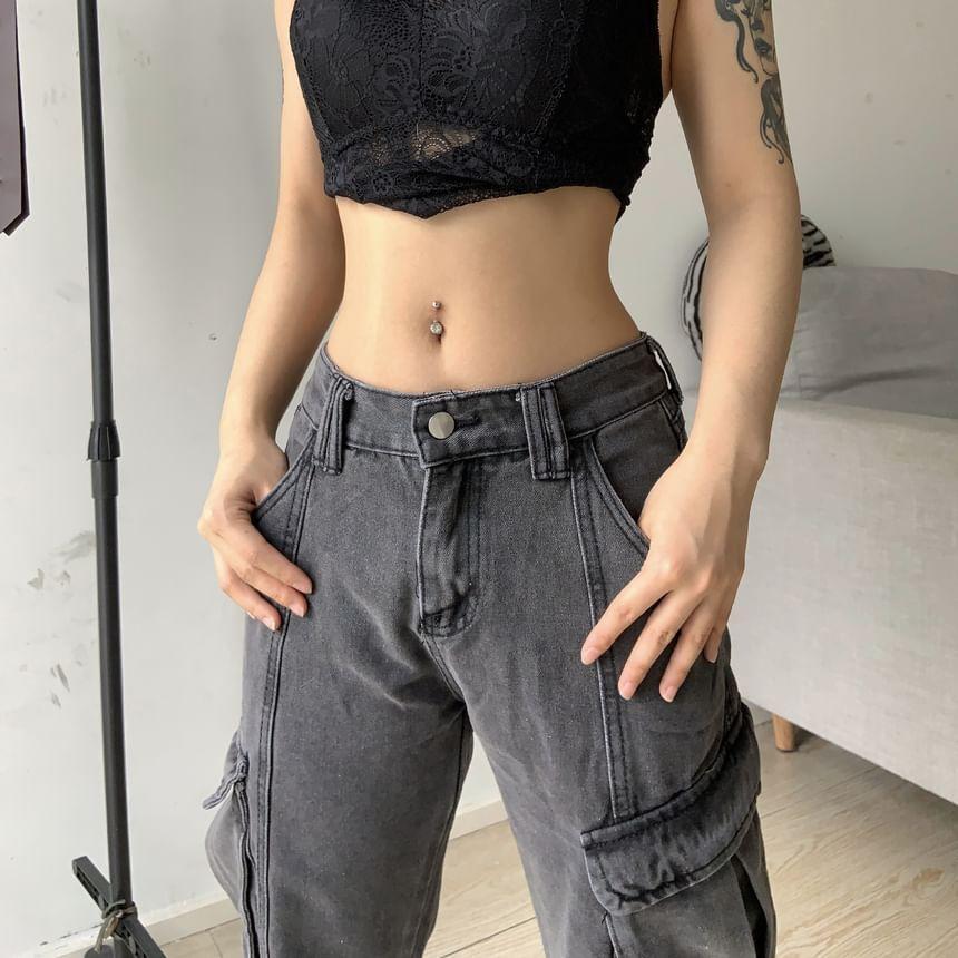 Plain High Waist Loose Fit Cargo Pants Product Image