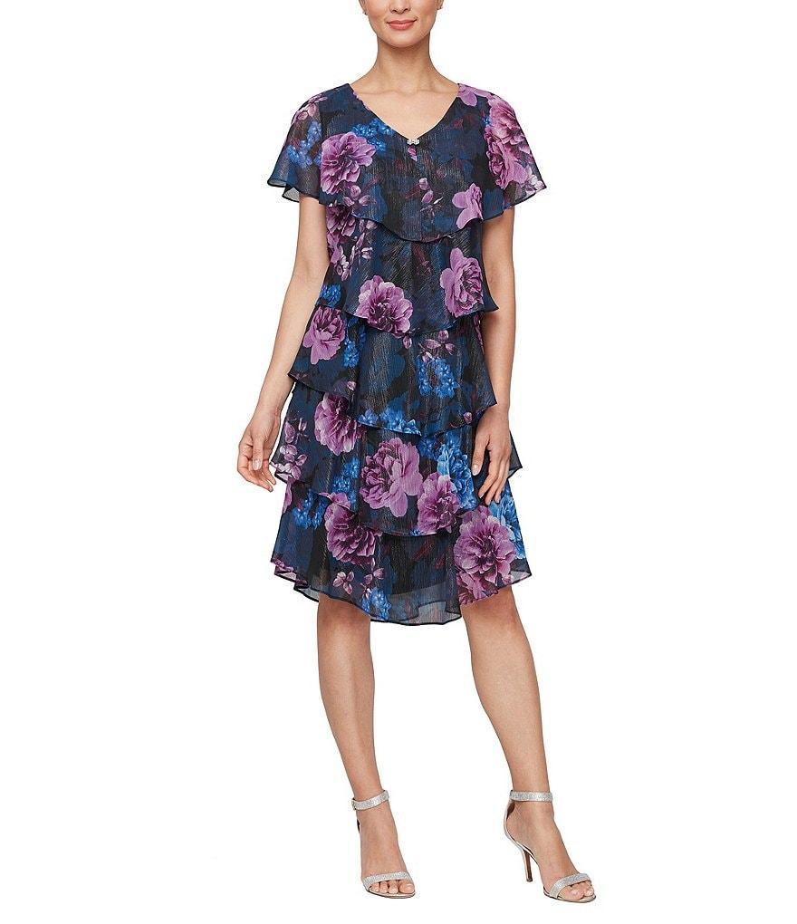 Ignite Evenings V-Neck Short Sleeve Chiffon Tiered Capelet Multi Floral Shift Dress Product Image