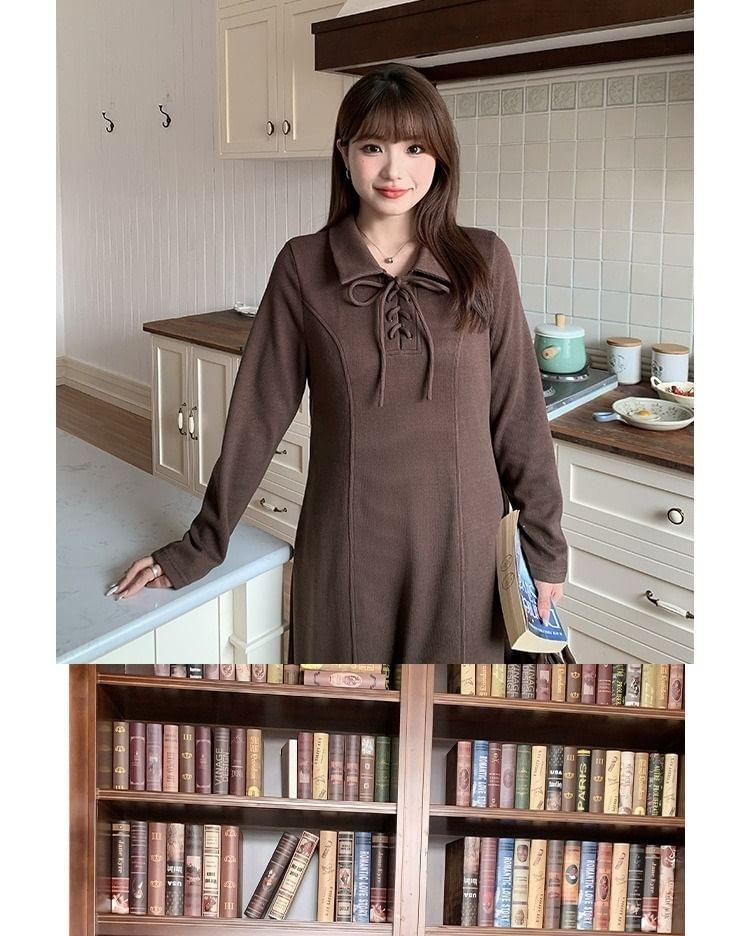 Long-Sleeve Polo-Neck Plain Lace-Up Midi A-Line Dress Product Image