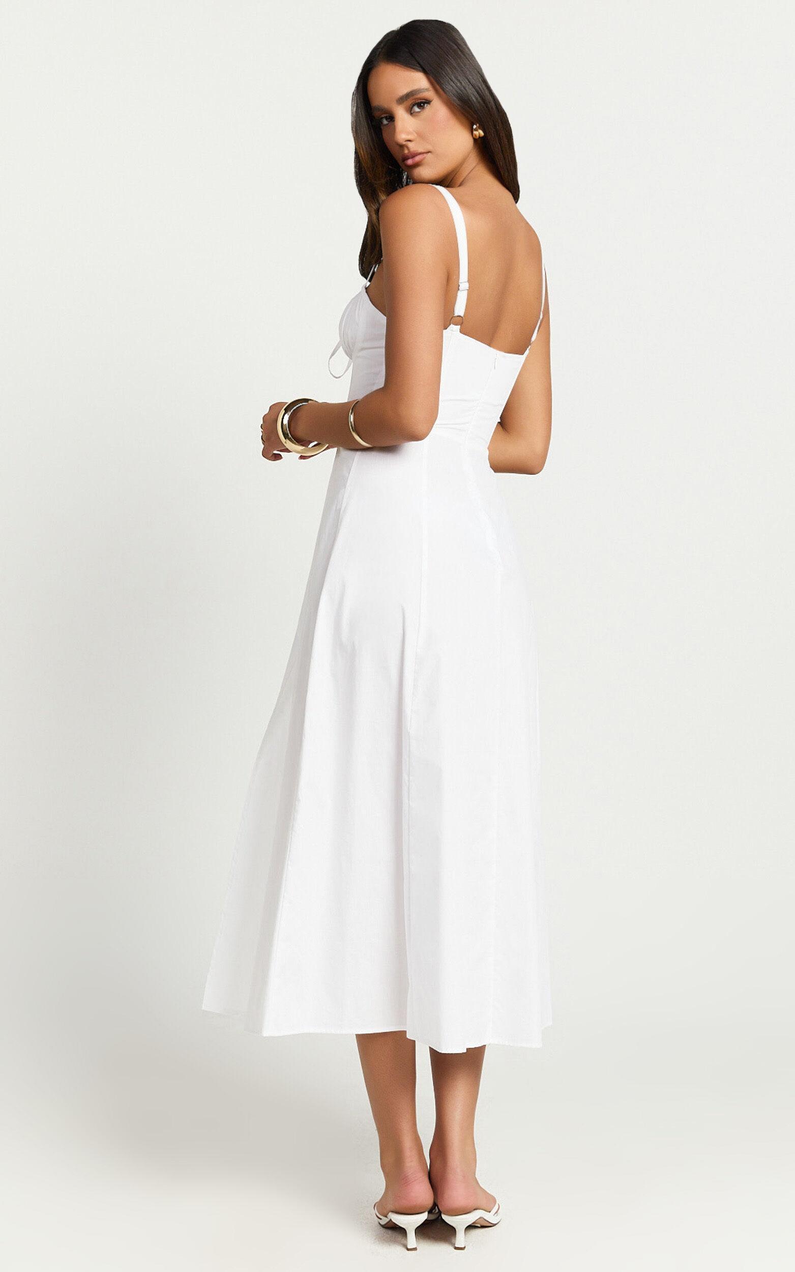 Maiya Midi Dress - Tie Front Fitted Bodice Dress in White Product Image