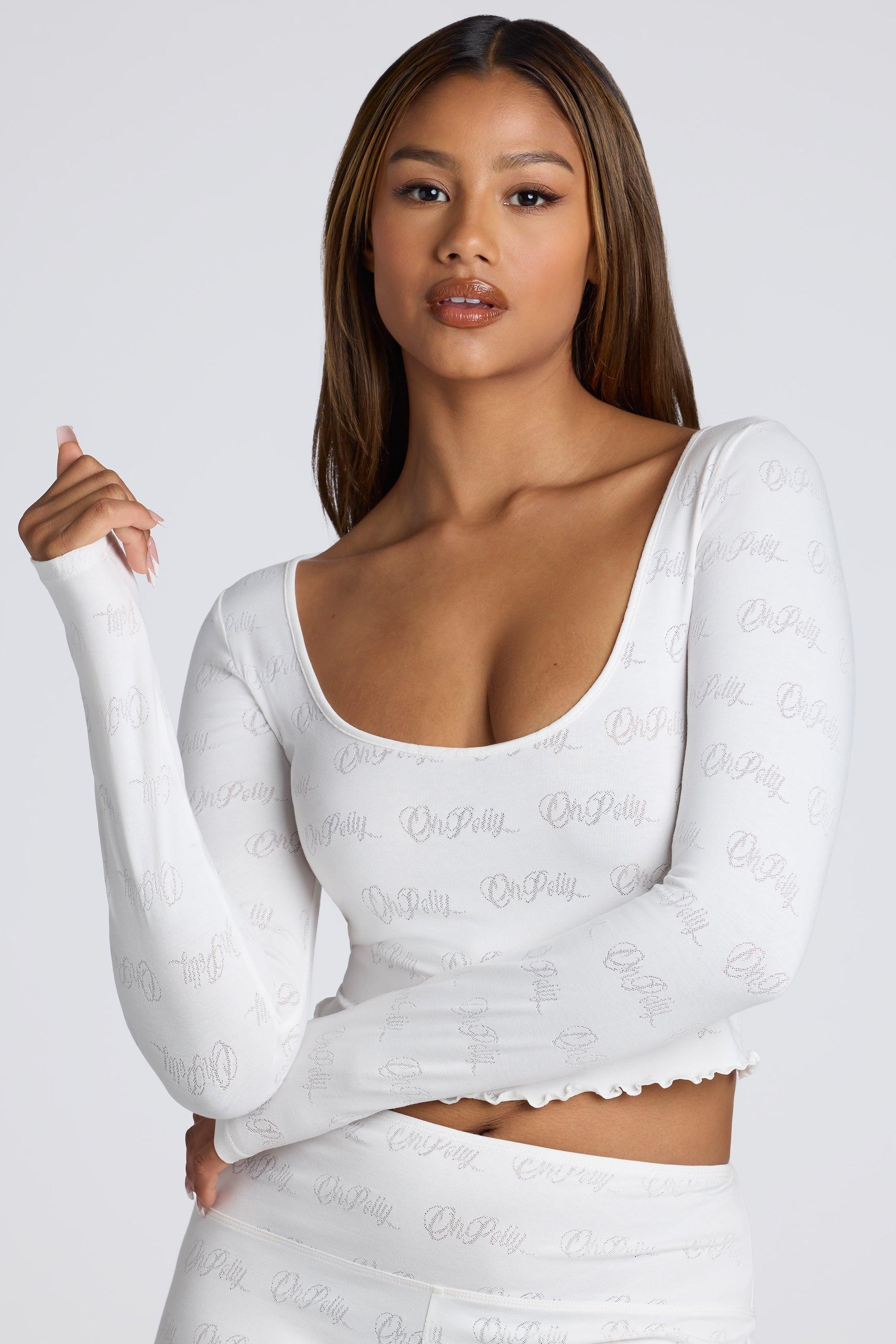 Long Sleeve Scoop Neck Pointelle Crop Top in White Female Product Image