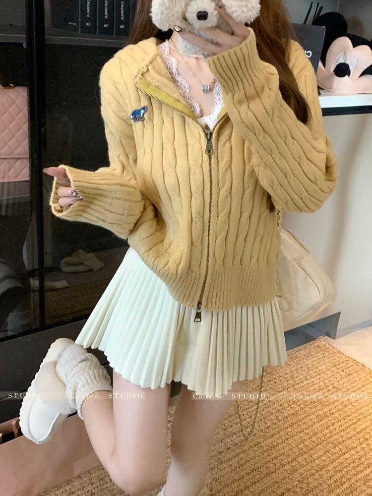 Hooded Cable Knit Zip-Up Cardigan Product Image