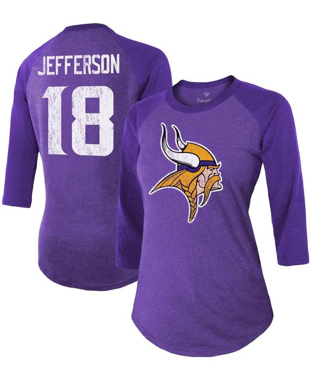 Womens Justin Jefferson Purple Minnesota Vikings Team Player Name Number Tri-Blend Raglan 3/4 Sleeve T-shirt Product Image