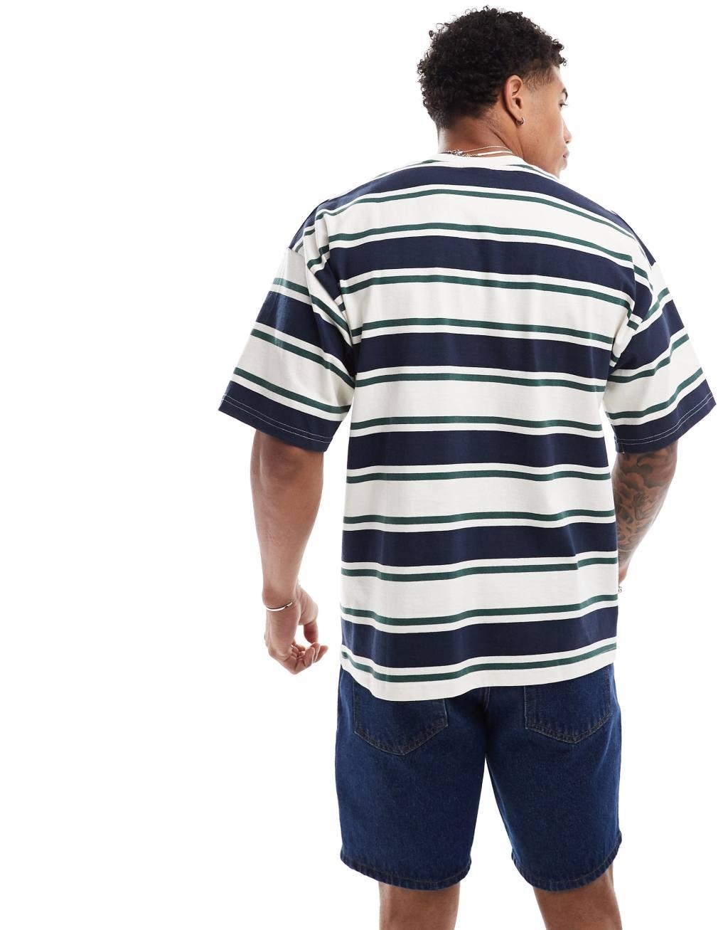 Selected Homme oversized heavy weight T-shirt in cream green navy stripe Product Image