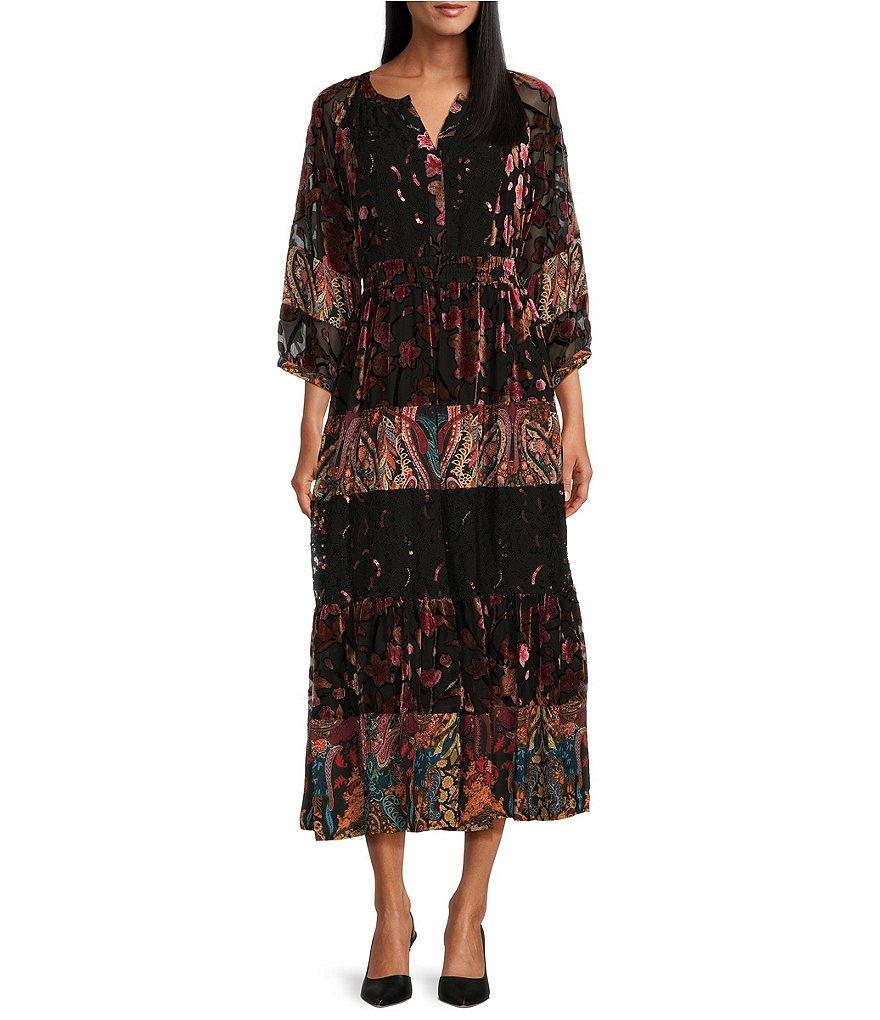 John Mark Burnout Velvet Printed Tiered Y-Neck 3/4 Sleeve Dress product image