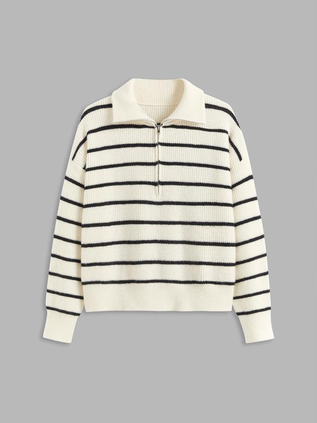 Knit Collar Striped Zipper Long Sleeve Sweater Curve & Plus Product Image