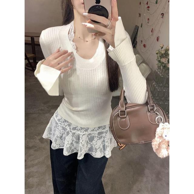 Long Sleeve Scoop Neck Plain Ribbed Knit Top Product Image